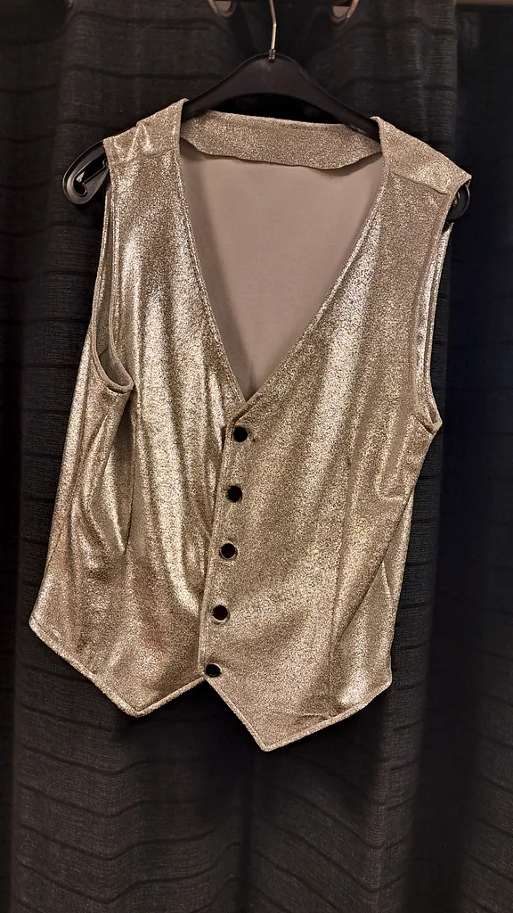 Grijs glimmend gilet zwarte knopen, foto 1 van 2